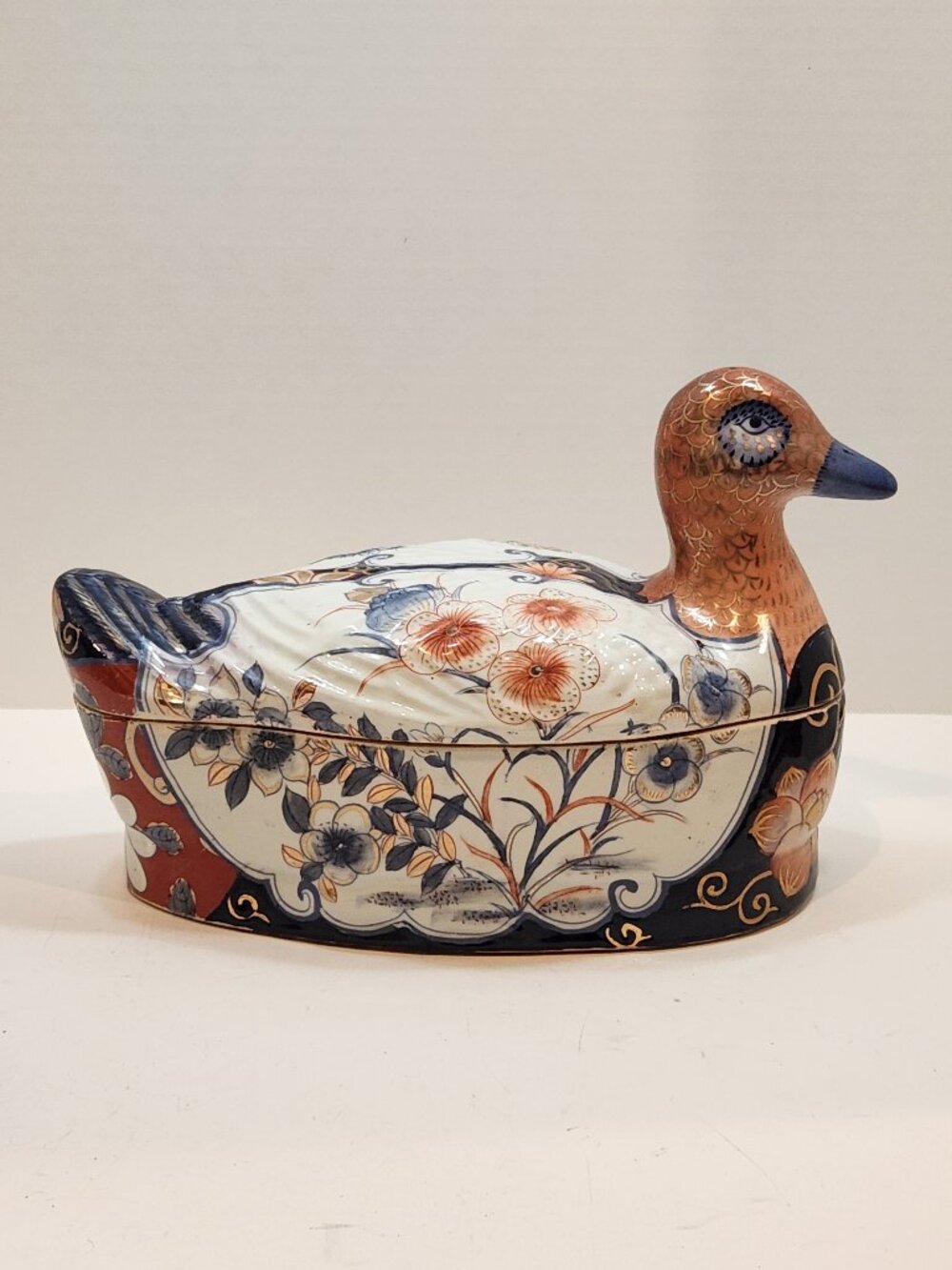 Vintage Imari Style Porcelain Duck Tureen Lidded Covered Dish Chinoiserie 11"